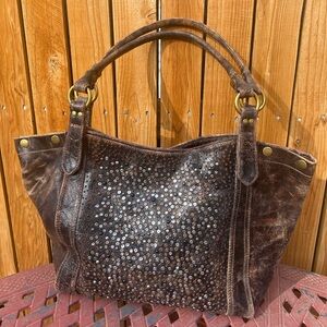 Frye Women’s Deborah Distressed Leather Studded Brown Western Shoulder Bag